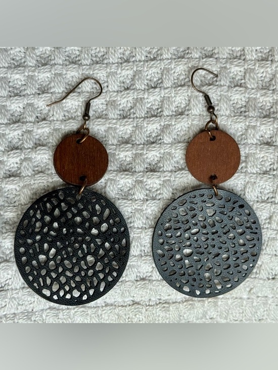 Jewelry - 2/$20 Black Faux Leather and Wood Brown Cutout Disc Drop Earrings Antique Bronze